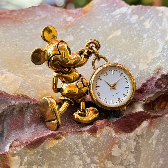 A Collectible Mickey Mouse Holding a Dangling Napier Clock Brooch - Picture 1 of 13